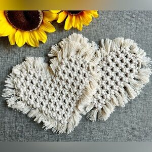 New Large 7” Handmade Woven Macrame Cream Color Heart Coasters Set of 2